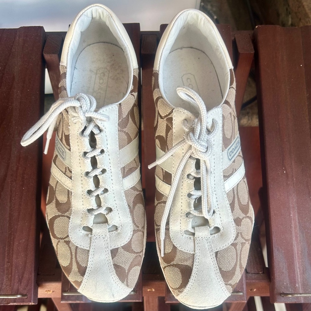 Coach signature sneakers two tone brown and light cream canvas and suede 8.5